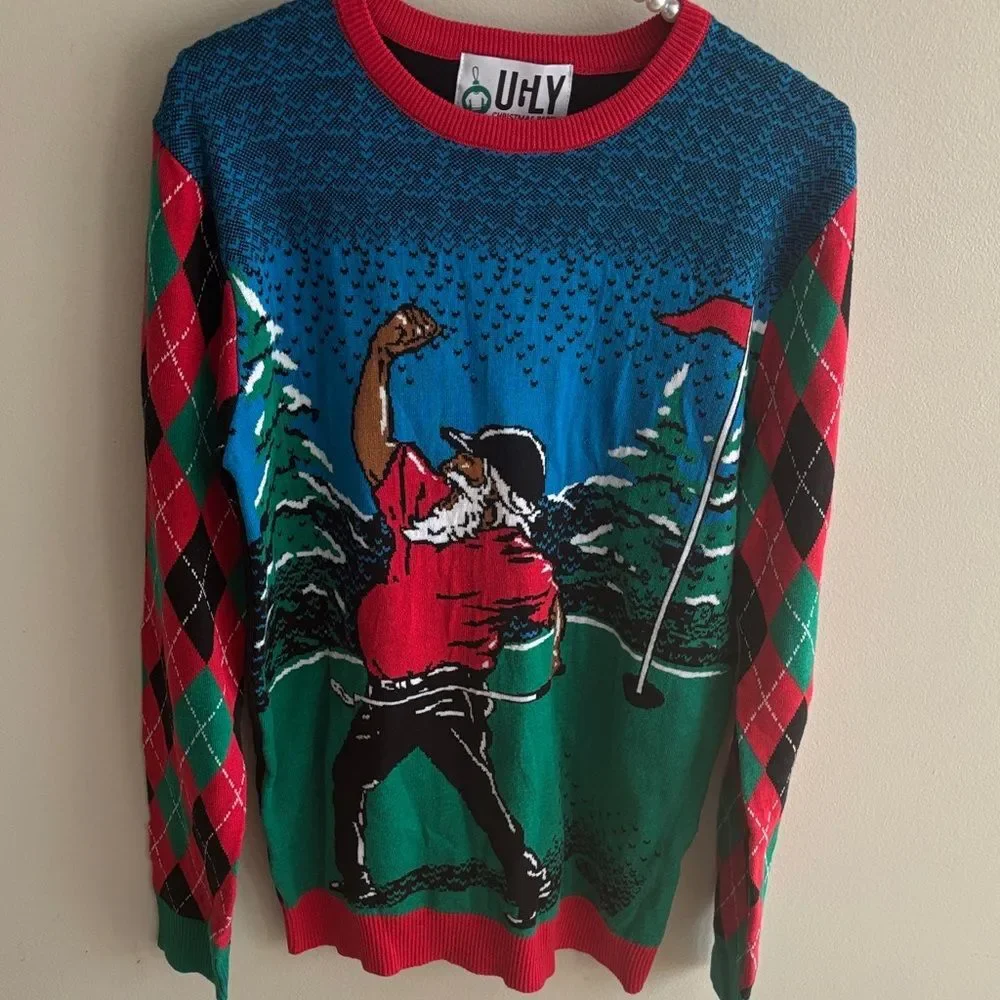 Ugly Christmas sweater Unisex Golfing Santa funny Size medium Christmas party